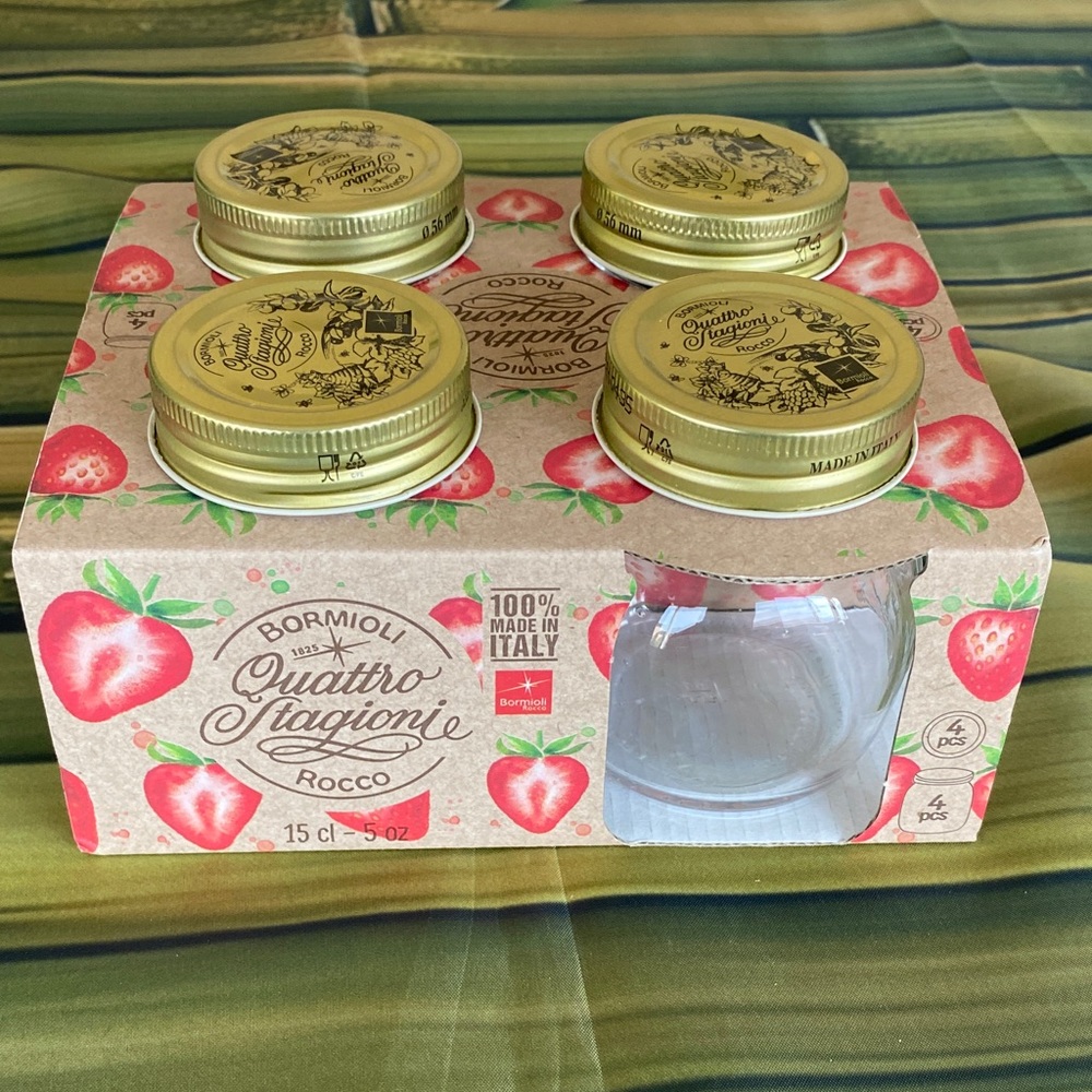 NWT Quattro Stagioni Glass Jars with Gold Lids 4- PCS